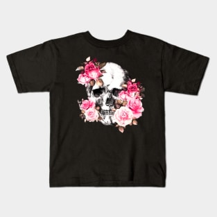 Floral skull for gothic girl, Floral Skull with pink roses, watercolor style, botanical anatomy Kids T-Shirt